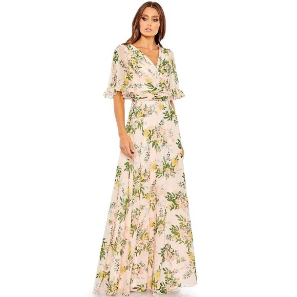 New! Ieena for Mac Duggal Floral Print Empire Waist Chiffon Gown 47652 - Picture 1 of 16
